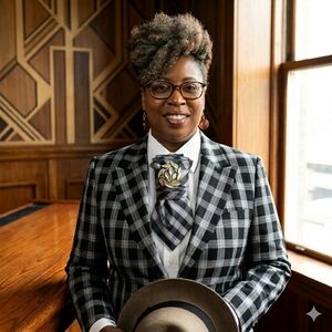 Black & White Plaid Blazer with Striped Necktie Accent